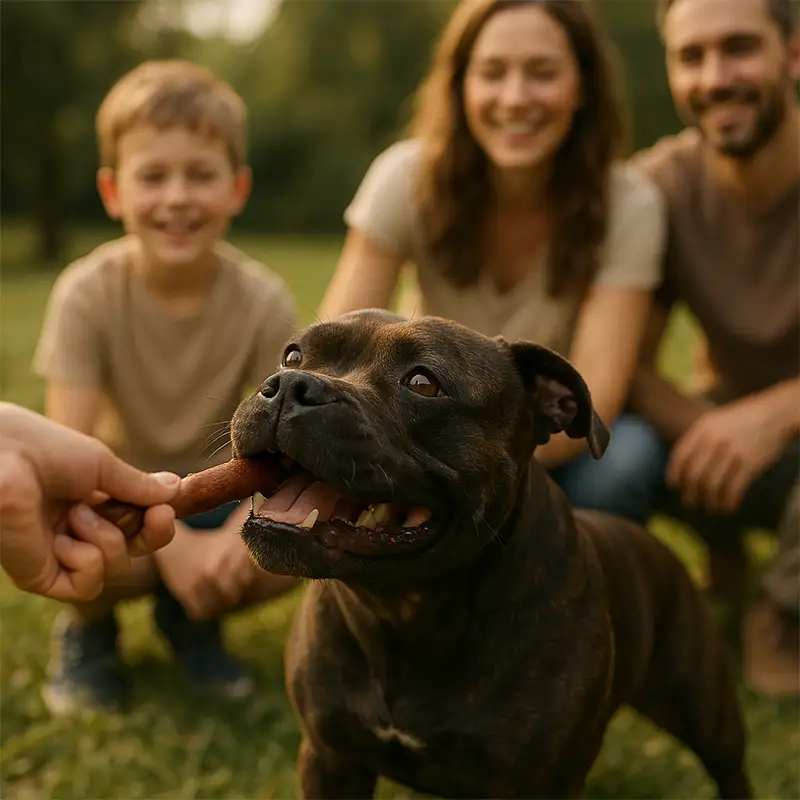 Staffordshire Bull Terrier krijgt snack van persoon, gezin op achtergrond