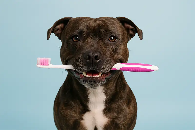 Staffordshire Bull Terrier met tandenborstel in bek