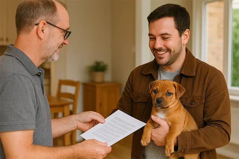 Staffordshire Bull Terrier pup wordt overgedragen met contract