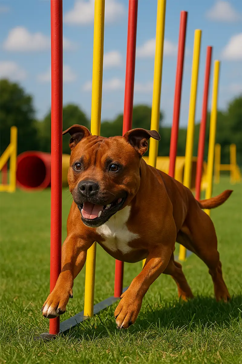 Staffordshire Bull Terrier rent door agility parcours op grasveld