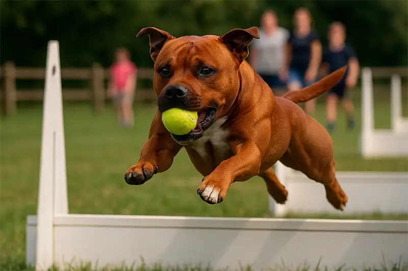 Staffordshire Bull Terrier speelt flyball met tennisbal in bek