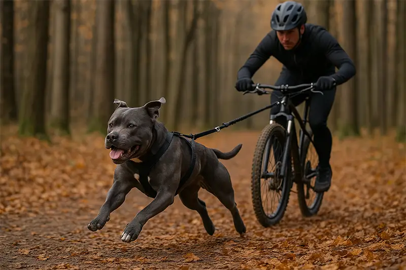 Staffordshire Bull Terrier trekt fietser door herfstbos aan lijn - Canicross Bikejorin