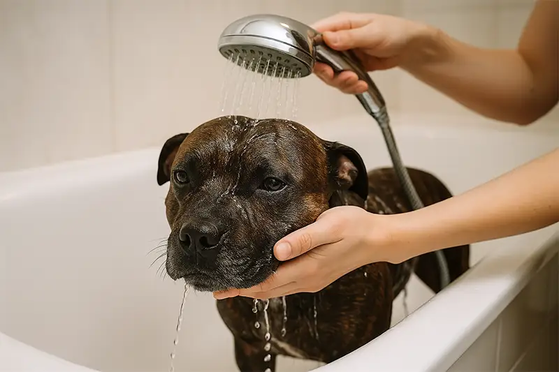 Staffordshire Bull Terrier wordt gewassen in bad met douchekop